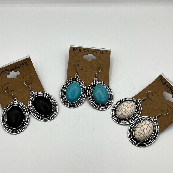 WOMEN’S Vintage Oval Cabochon Semiprecious Metal Earrings Silvertone - Picture 4 of 14